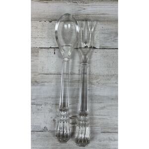 VINTAGE Glass Crystal Salad Server Set Spoon Fork 9.5" Faceted Handle Pair